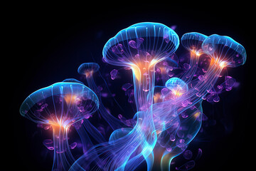 Luminous jellyfish. AI technology generated image