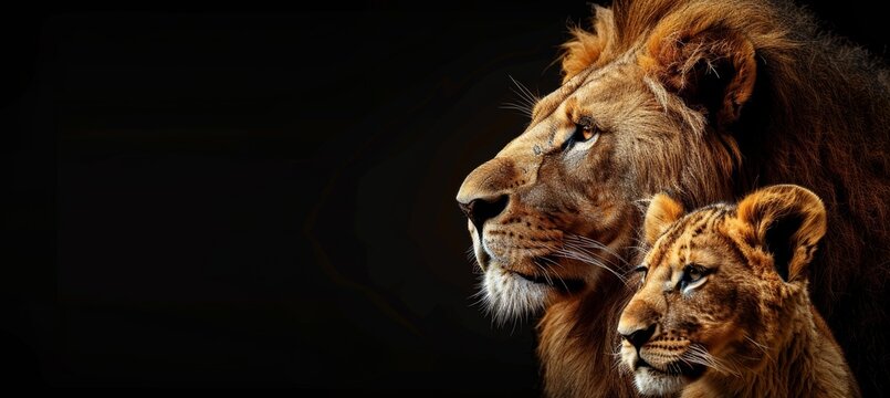 Male lion and lion cub portrait with space for text, object on right, ideal for design projects