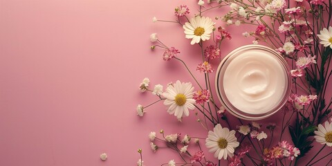 Overhead view of a face cream jar and flowers on a pink background, banner with copy space for text.