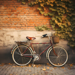 Vintage bicycle leaning against a brick wall. 