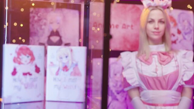 Anime art stand refocus from manga comic to cute pink maid girl cosplayer 4K