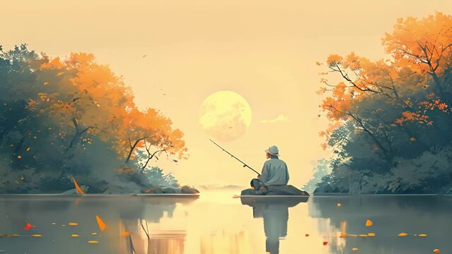Fisherman fishing at lake with rod and catching fish. Sport outdoor man leisure or relaxation at his hobby, bucket with fish and reed, mountain landscape. Hobby of old fisherman