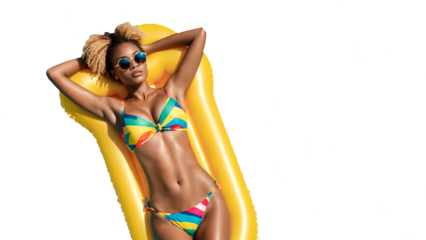 Black woman blonde hair with sunglasses relaxing from the heat in the pool on an inflatable clachon on summer vacation isolated on a transparent background. Black Woman Sunbathing Png