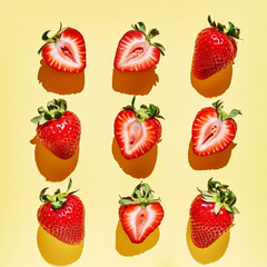 Flat lay of a bright pattern of strawberry halves. Pastel yellow background. Minimalist food concept. Generative AI