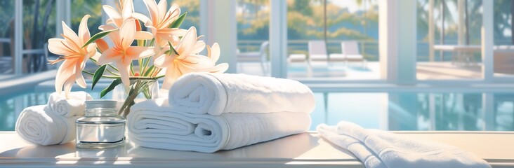 Stack of White Towels with Flowers: Spa and Relaxation Concept

