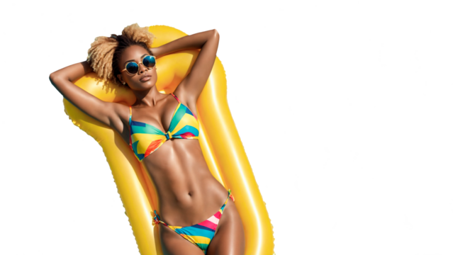 Black woman blonde hair with sunglasses relaxing from the heat in the pool on an inflatable clachon on summer vacation isolated on a transparent background. Black Woman Sunbathing Png