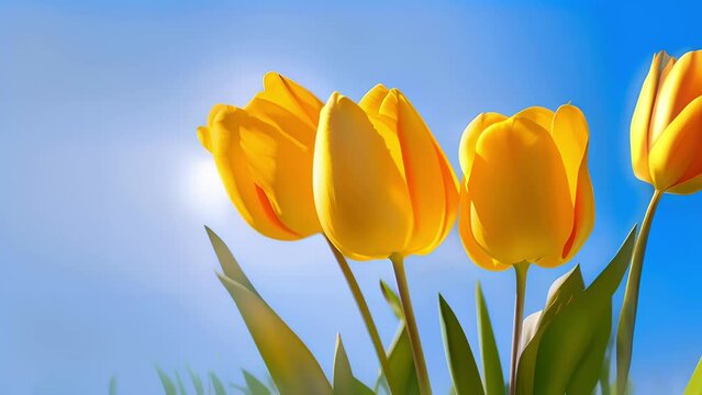 Flower footage with beautiful yellow tulips on sky blue background, closeup. Fresh spring flowers in the garden with soft sunlight