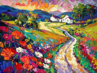 A painting featuring a country road lined with vibrant, colorful flowers in full bloom under a clear blue sky