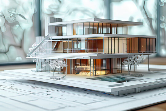 Architectural design, drawings, and building models. AI technology generated image