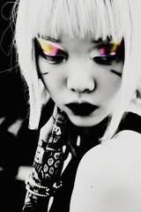 Closeup of Maiko, New York, white hair, black and white, iridescent highlights grunge photo retro nostalgic fantasy dark noir art, Japanese, Asian, rainbow eyeshadow, glimmer, edgy, modern, fantasy
