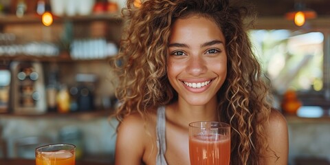 A happy and attractive Hispanic woman enjoys a nutritious organic juice, radiating health and happiness. - obrazy, fototapety, plakaty