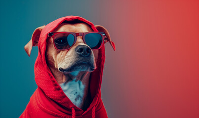 Stylish dog struts the sidewalk in trendy sunglasses and hoodie, exuding confidence and flair, colorful bright background. pet fashion concept. - obrazy, fototapety, plakaty