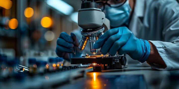 A technician in a health science lab works with electronic equipment, circuit boards, and microprocessors.