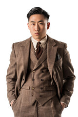 portrait of asian man in vintage 1920s gangster outfit isolated on a white background as transparent PNG

