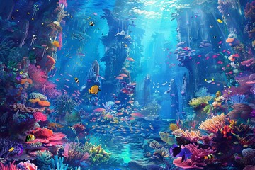 Fototapeta na wymiar A vibrant painting depicting a bustling underwater scene filled with various fish and coral formations. Generative AI