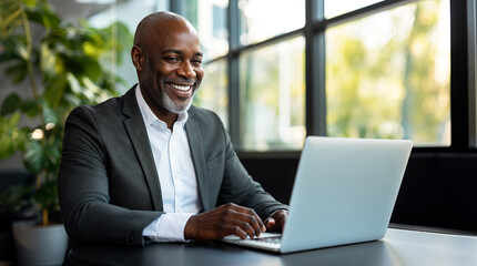 Fototapeta premium Mature african american businessman working on his laptop in a modern office, happy, smiling middle aged black executive or ceo wearing a suit at work, hd