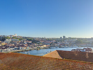 Aerial view from one of the viewpoints of the city with the details of the unique buildings of the historic center of the city of Porto, Gaia and Douro river, Portugal
