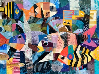 A vibrant painting showcasing a variety of colorful fish swimming together in a lively underwater scene