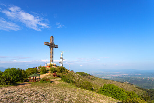 Skopje. North Macedonia. May 17, 2023. Millennium Cross, built on top Vodno Mountain in 2002 to commemorate 2,000 years of Christianity in Macedonia