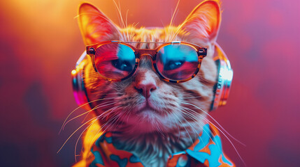 Naklejka premium Cool cat vibes hip hop shades, headphones, and sunglasses, bright background gradiant.