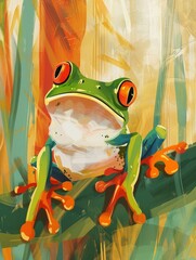 A realistic painting depicting a frog perched on a tree branch