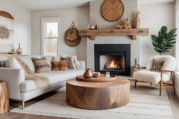 Boho interior design of modern living room, home. Sofa with fur plaid and wooden round rustic coffee table against fireplace