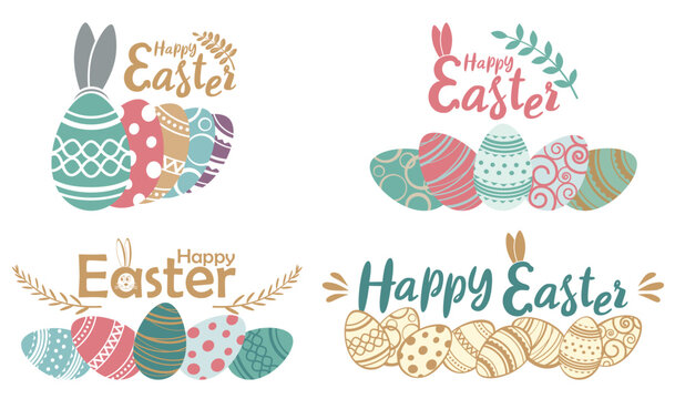 Colorful Easter eggs, twigs, a greeting "Happy Easter" with rabbit ears. Easter eggs, rabbit face and ears - elements of Easter attributes for holiday cards and other. Vector illustration.
