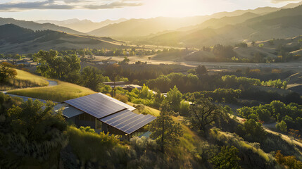 a solar panel installed on a newly constructed modern roof nestled in the foothills, beautyffull view to mountain, sunset, sunrise
