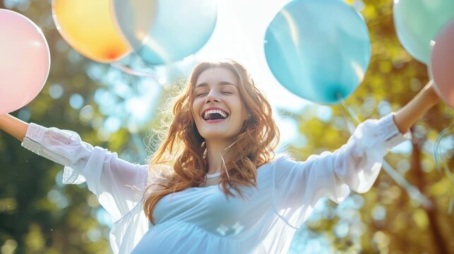 Young woman celebrating happiness while pregnant. Generate AI image