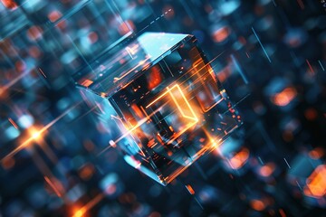 Fototapeta premium Blockchain cube small digital square Technology concept. 3D rendering.background technology futuristic beautiful high tech computer circuit AI brain