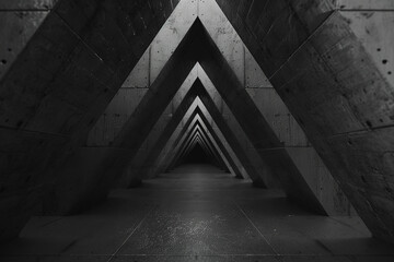 Triangle, symmetry, black and white .concept. 3D rendering. Empty white and black space, neon lights, Futuristic, modern interior, future room style or spaceship, sci-fi, hi-tech, background