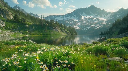Bask in the radiance of a sunny mountain landscape, where verdant slopes adorned with wildflowers cascade down to meet a tranquil alpine lake shimmering in the sunlight