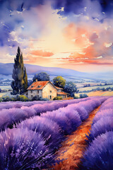 
Soft watercolor strokes capturing lavender fields, a cozy chateau, and skies painted in gentle twilight tones, evoking warmth and relaxation.Perfect for wallpapers, backgrounds,