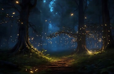 A dark forest filled with vibrant fireflies