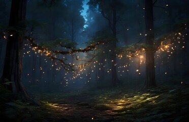Fototapeta premium A dark forest filled with vibrant fireflies