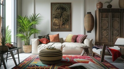 A comfortable sofa and vintage bohemian style. Home interior