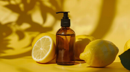 amber cosmetic bottle on lemon background сreated with Generative Ai