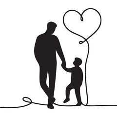 Father and son black outline, one continuous line simple minimalist design from silhouettes for family, vector drawing transparent background for parents and children.