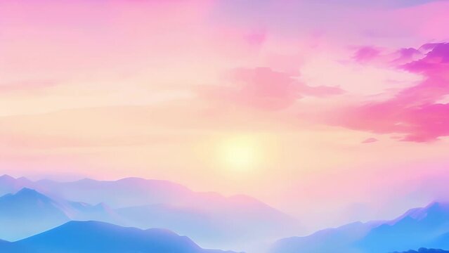 Mountains landscape background. Serene mountain vista bathed in soft dawn or dusk light, with rising mist and a sky painted in pink and lavender, evoking the calm of nature's beauty
