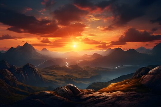 A dramatic sunrise over a rugged mountain range, casting warm hues across the vast landscape.