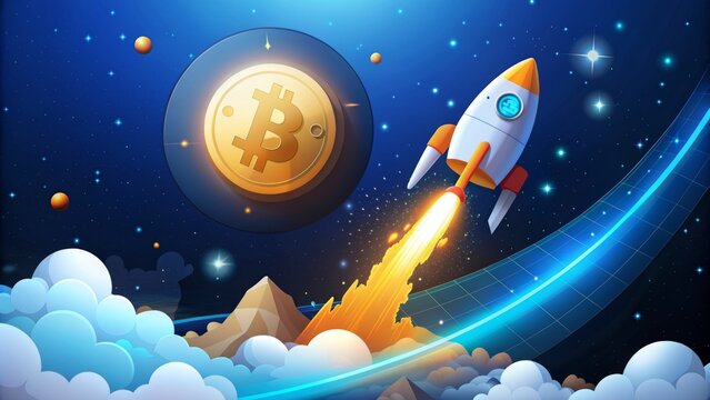 Bitcoin on a moon, space-themed image - Artistic depiction of Bitcoin with a rocket embarking on a space journey, hinting at market acceleration
