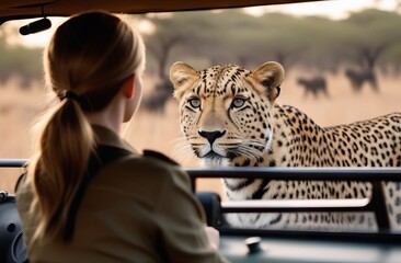 Young woman looking an leopard from safari car - 760516169