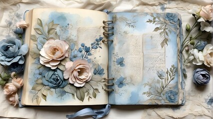 "Create a vertical journal entry page with faded, torn edges in dusty blue hues, adorned with regency florals. The page should feature a double junk journaling design, with a seamless watercolor backg