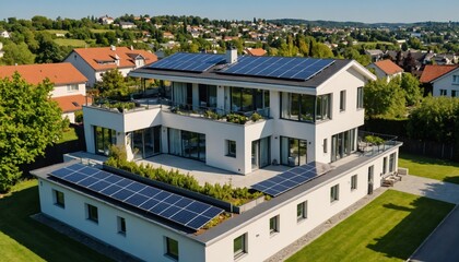 Fototapeta na wymiar Sustainable Living: Solar-Powered Eco Neighborhood. Photo of an ecological neighborhood featuring houses with solar panels on their roofs