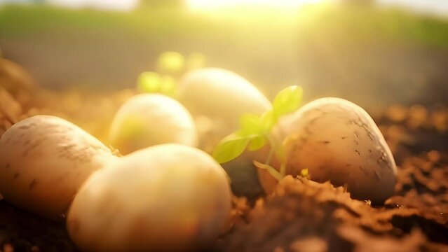 Natural young potatoes on field on blurred rural landscape in golden hour. Harvest, new crop and local farm vegetables concept . Organic potatoes. Close up. Selective focus