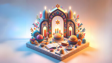 A colorful trendy passover decoration isometric with copy space area