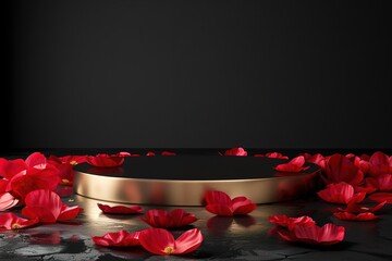 Black Gold empty podium, Red Peony Petals on the side, black background