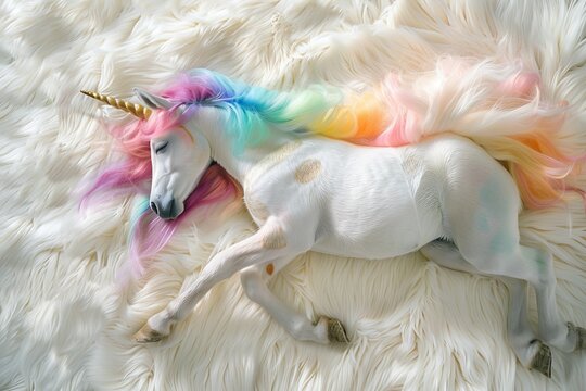 Sleeping Unicorn, ultra realistic fantasy photograph, rainbow mane and tail, soft white fur background, pastel color, photograph from above, cute, fantasy backdrop, vibrant, playful 