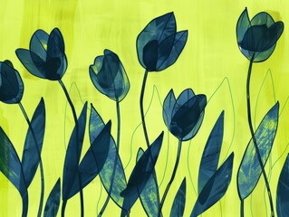 A painting featuring vibrant blue flowers set against a bright yellow background