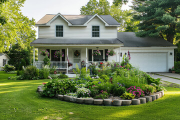 White two-story home with front porch and garage, green grass in the yard, trees and flowers